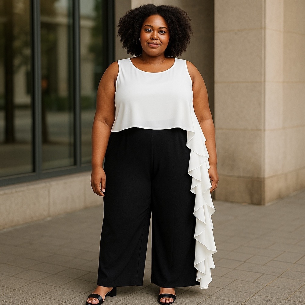 Mod X Black and White Wide Leg Pantsuit 1X Side Ruffle